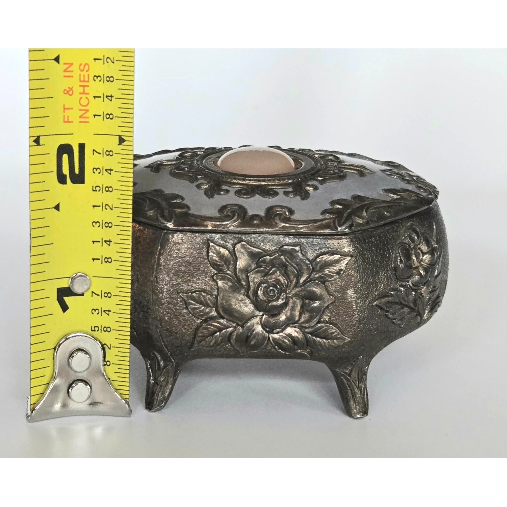 Floral Metal Footed Trinket Box With Ornate Floral Design & Starburst Cabachon