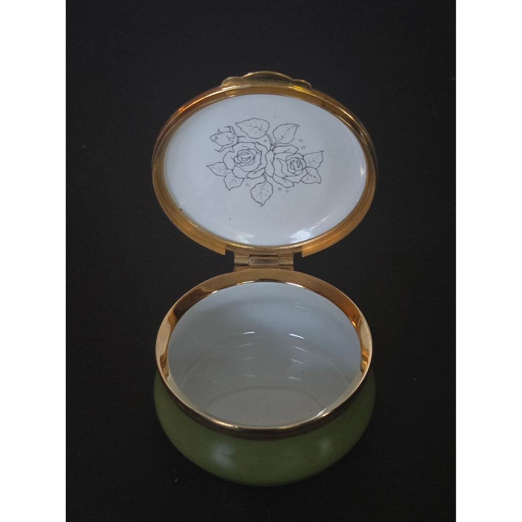 Crummles Red Green Floral Round Trinket Box Brass Enamel, England
