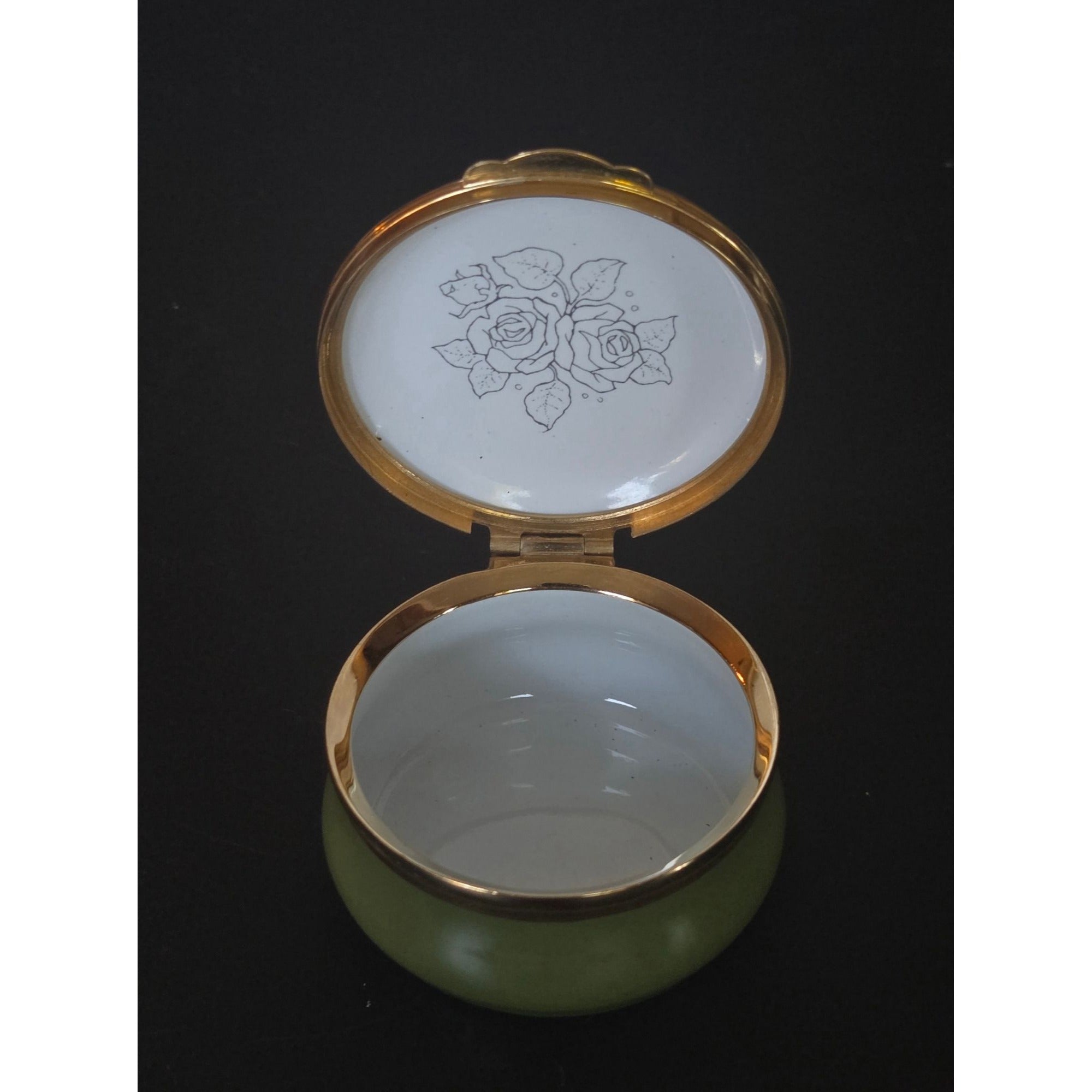 Crummles Red Green Floral Round Trinket Box Brass Enamel, England
