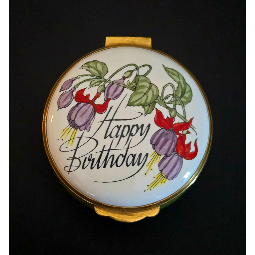Crummles Red Green Floral Round Trinket Box Brass Enamel, England