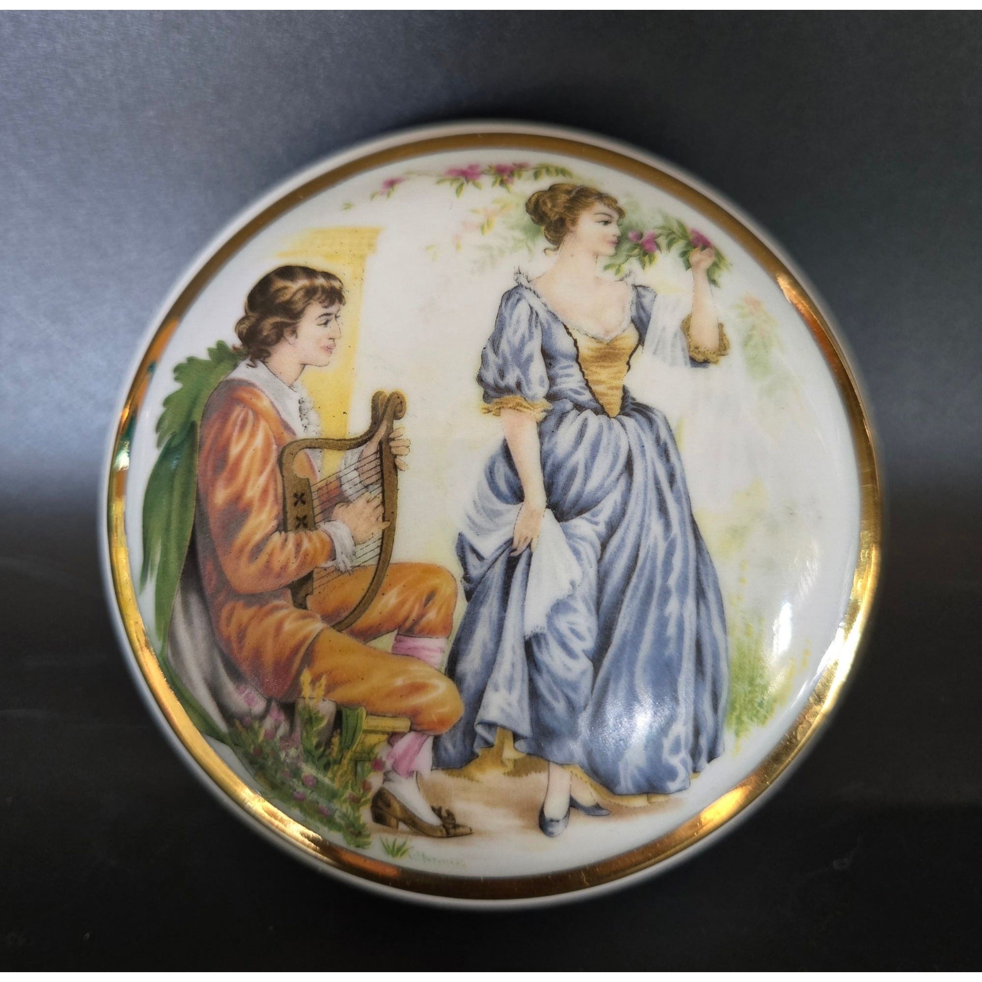 Gloria Porcelain Trinket Box With Romantic Scene W. Germany