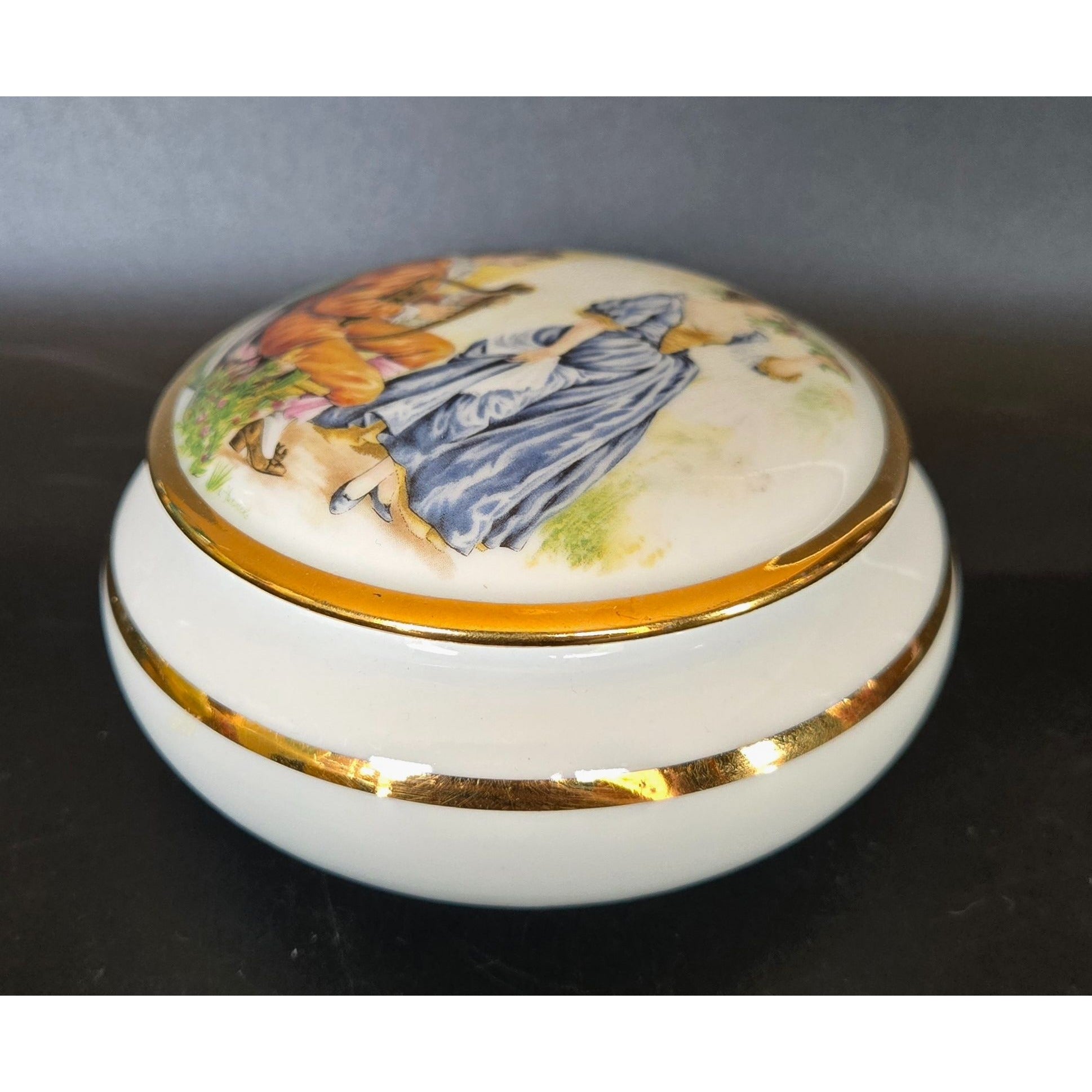 Gloria Porcelain Trinket Box With Romantic Scene W. Germany