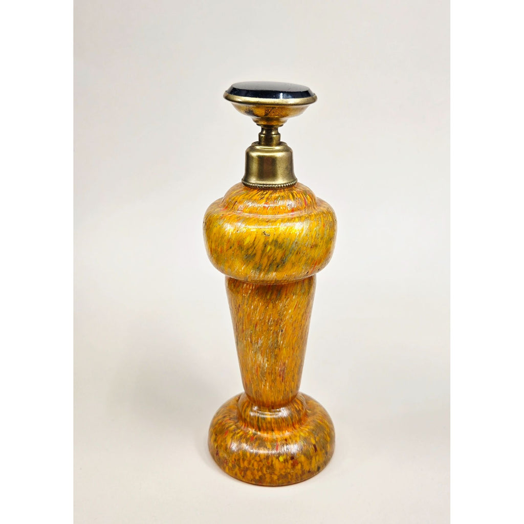 Art Glass Perfume Bottle Orange w/Brass Accents & Black/Gold Stopper Czech Bohemian