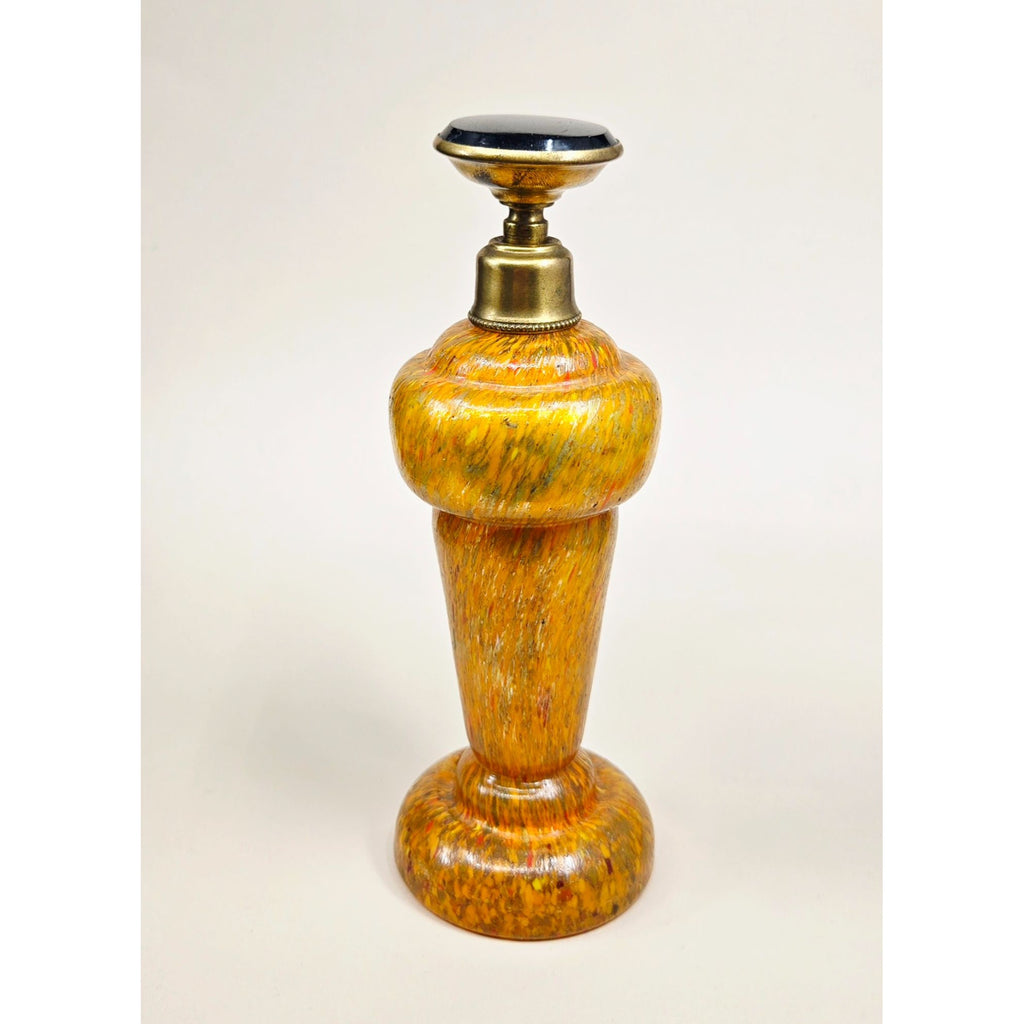 Art Glass Perfume Bottle Orange w/Brass Accents & Black/Gold Stopper Czech Bohemian
