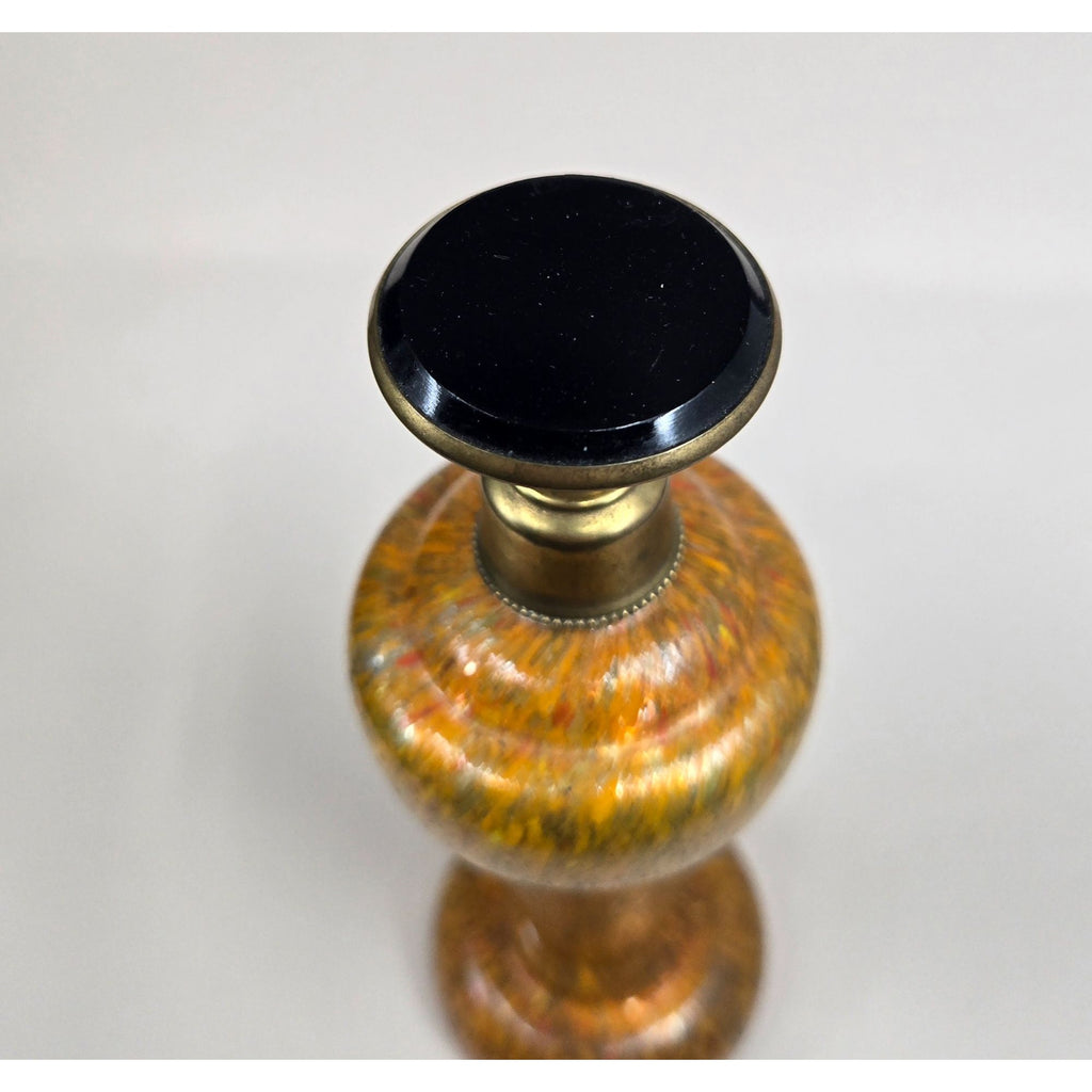 Art Glass Perfume Bottle Orange w/Brass Accents & Black/Gold Stopper Czech Bohemian