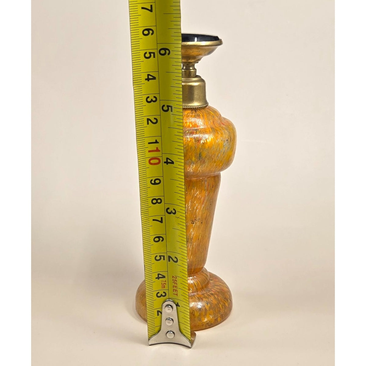 Art Glass Perfume Bottle Orange w/Brass Accents & Black/Gold Stopper Czech Bohemian