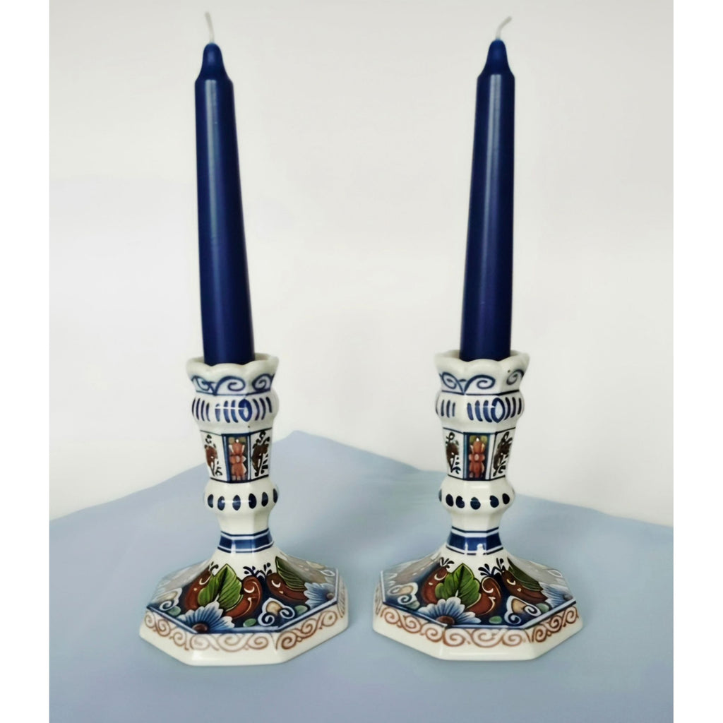 Hand-Painted Delft Holland Candlestick Holders Octagonal Floral Design 5" Tall