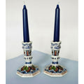 Hand-Painted Delft Holland Candlestick Holders Octagonal Floral Design 5" Tall