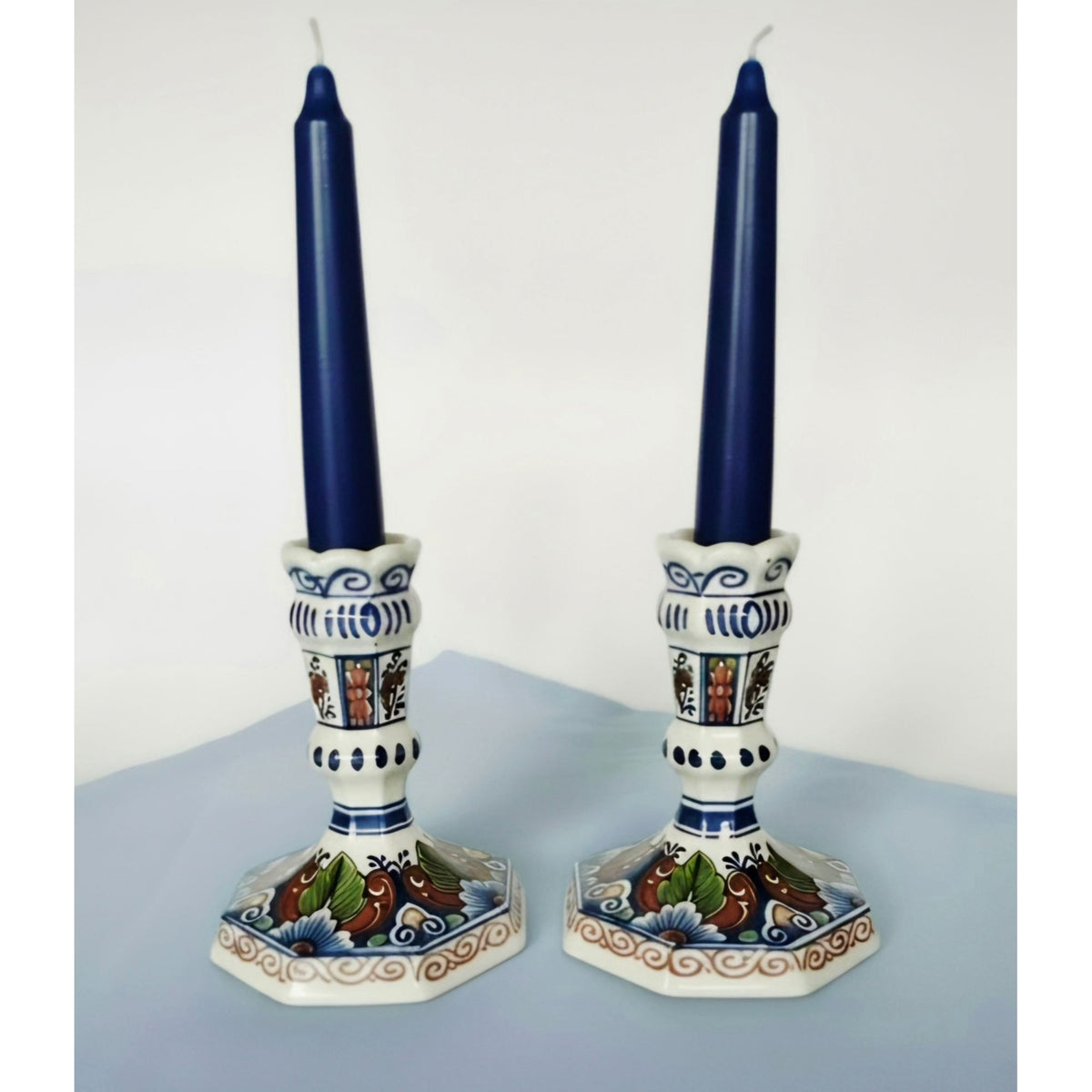 Hand-Painted Delft Holland Candlestick Holders Octagonal Floral Design 5" Tall