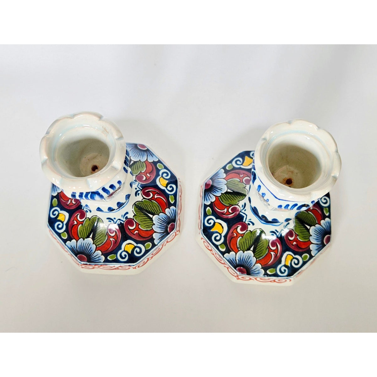 Hand-Painted Delft Holland Candlestick Holders Octagonal Floral Design 5" Tall