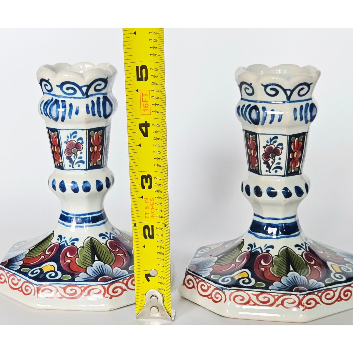 Hand-Painted Delft Holland Candlestick Holders Octagonal Floral Design 5" Tall