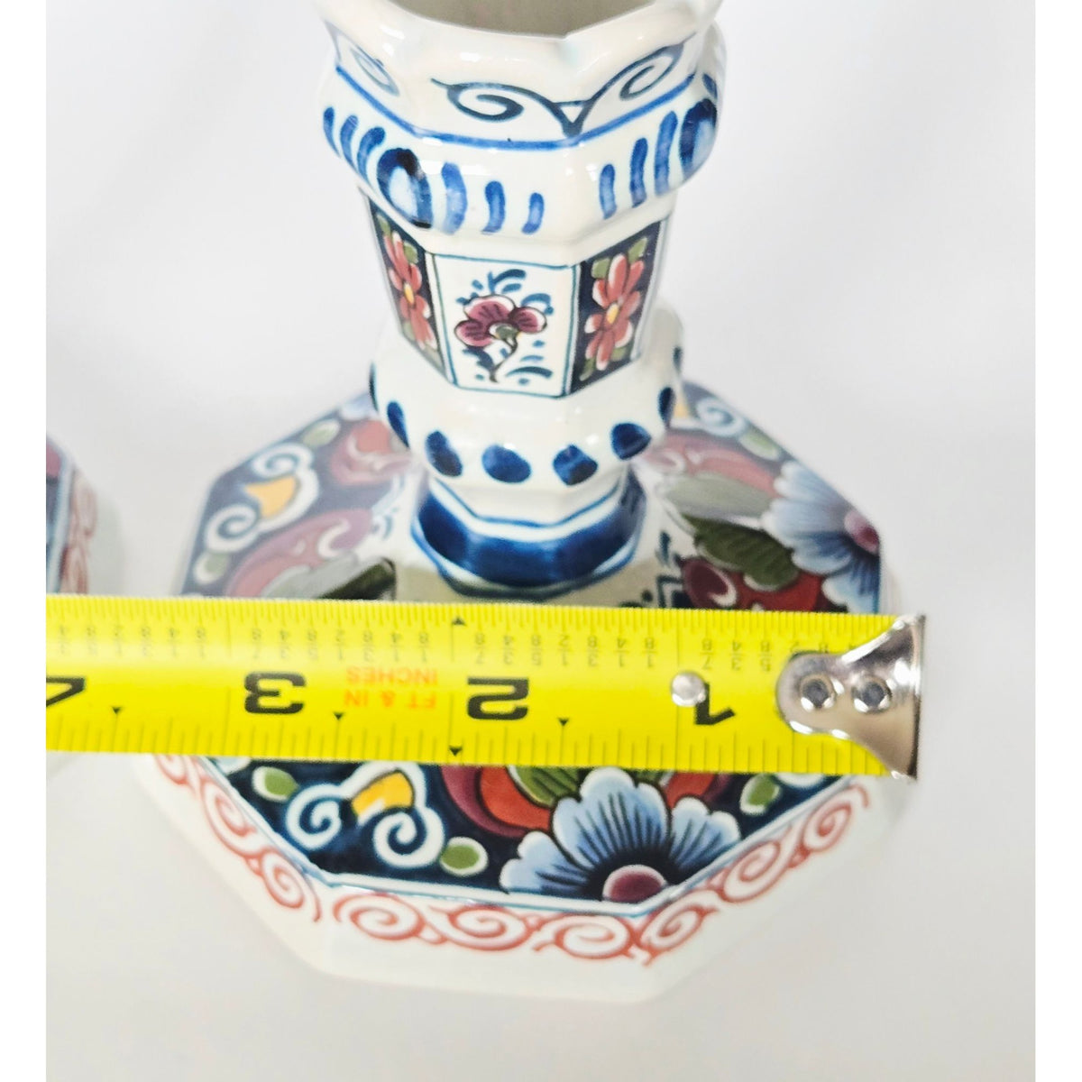 Hand-Painted Delft Holland Candlestick Holders Octagonal Floral Design 5" Tall