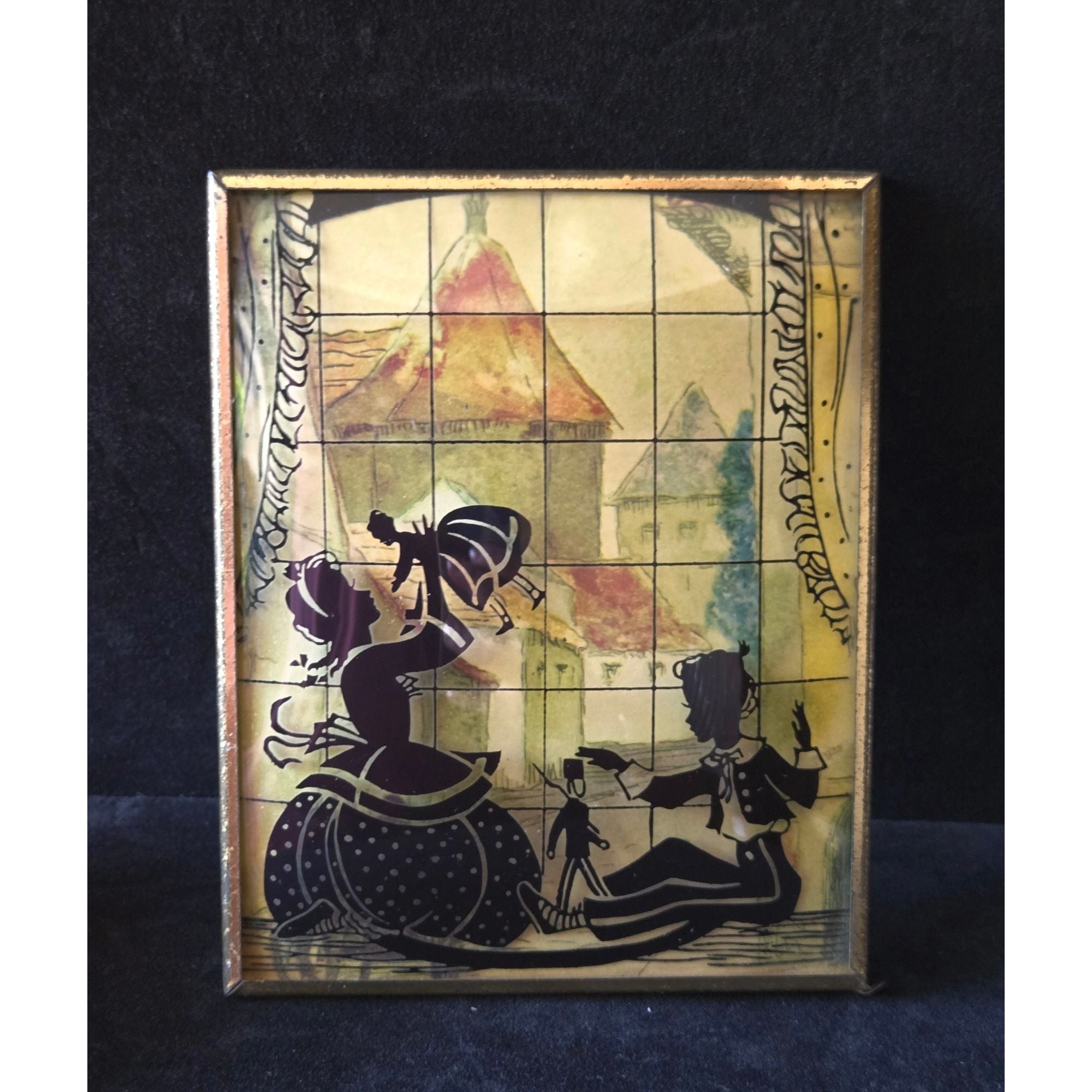 1930s Convex Silhouette Art With Gold Frame -Children Playing  5"