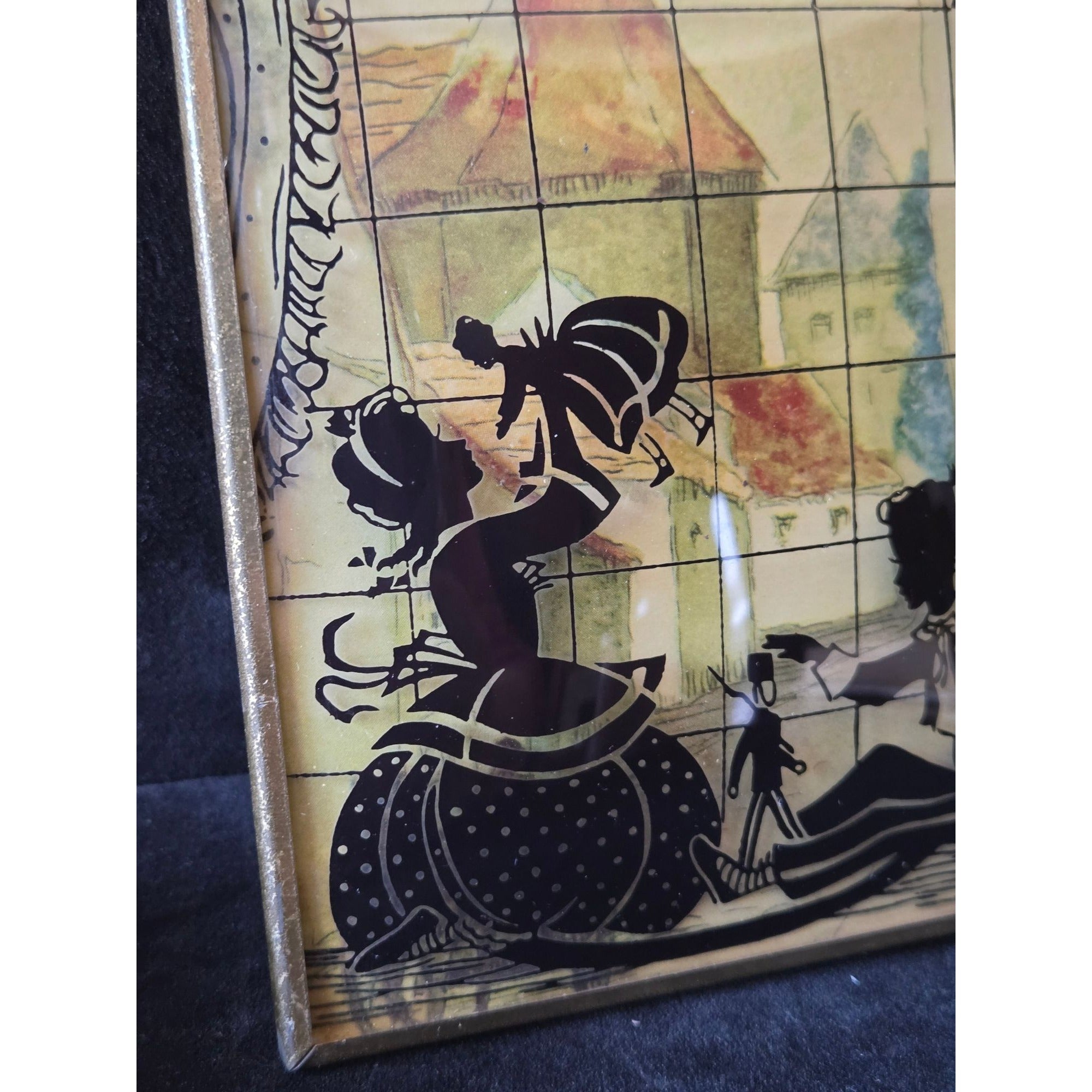 1930s Convex Silhouette Art With Gold Frame -Children Playing  5"