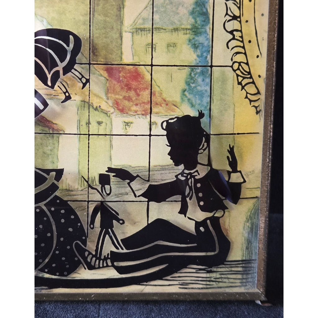 1930s Convex Silhouette Art With Gold Frame -Children Playing  5"