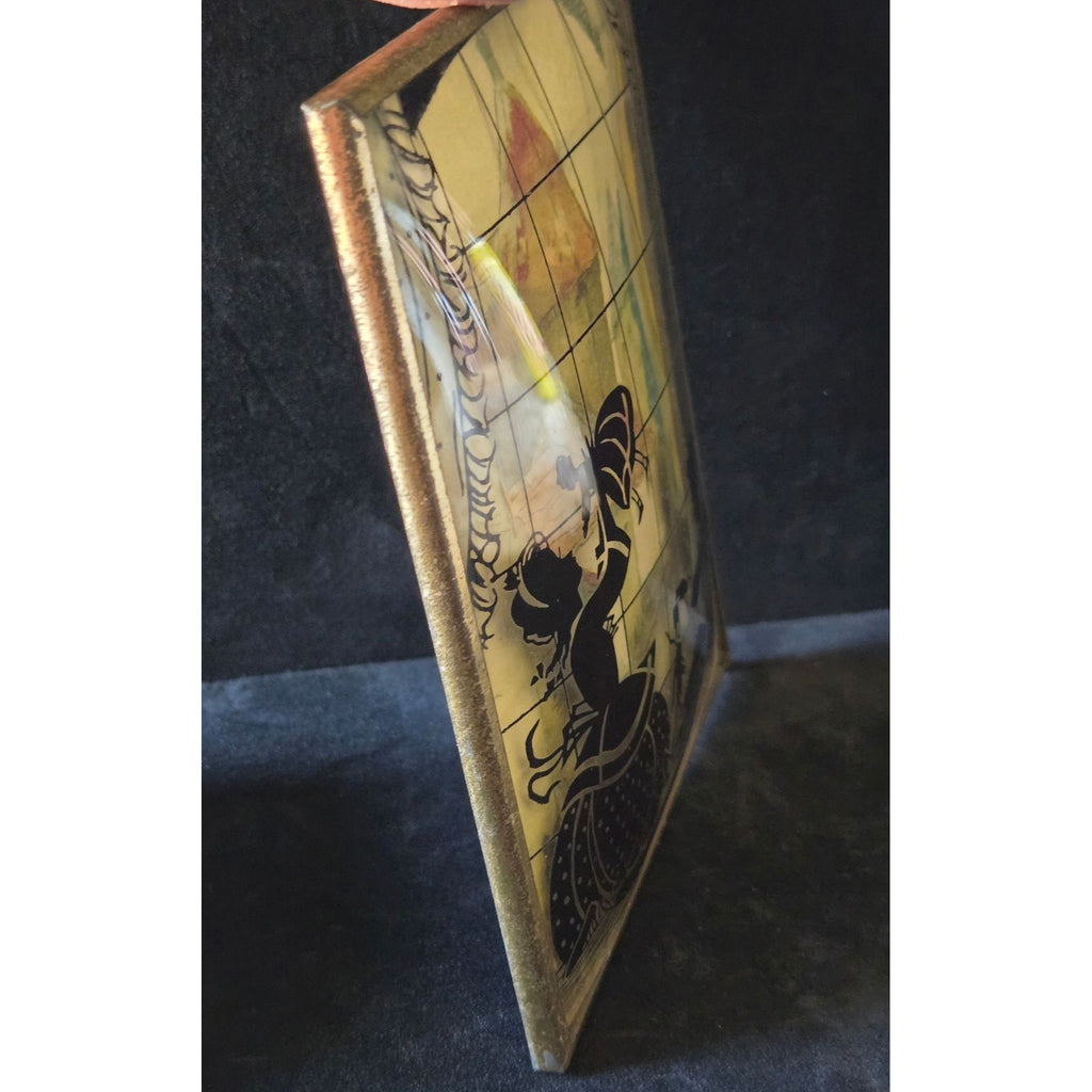1930s Convex Silhouette Art With Gold Frame -Children Playing  5"