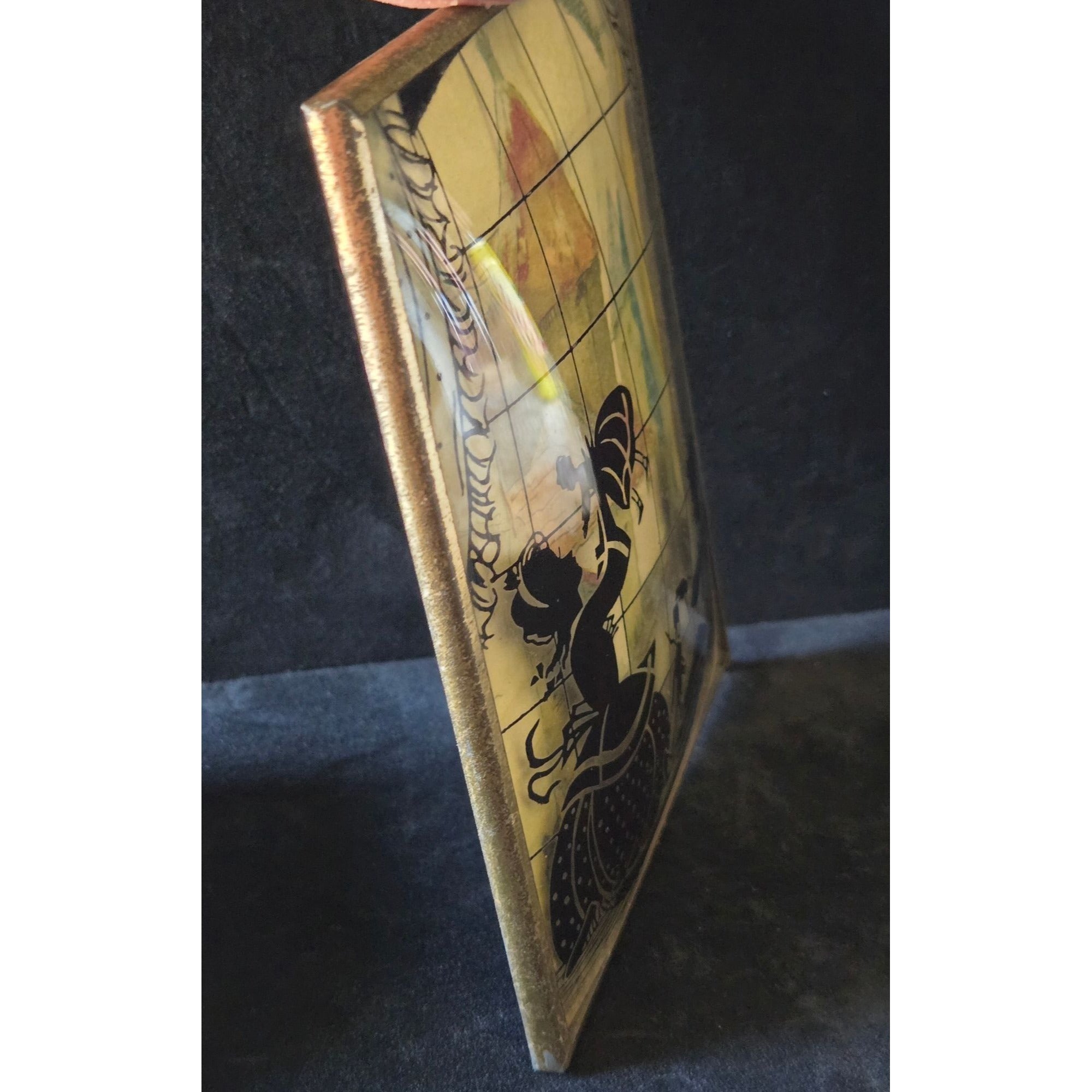 1930s Convex Silhouette Art With Gold Frame -Children Playing  5"