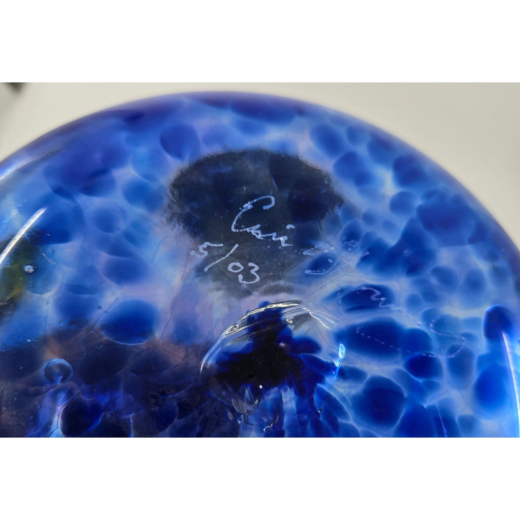 ERIC KVARNES large hand blown speckled art glass vase blue and purple