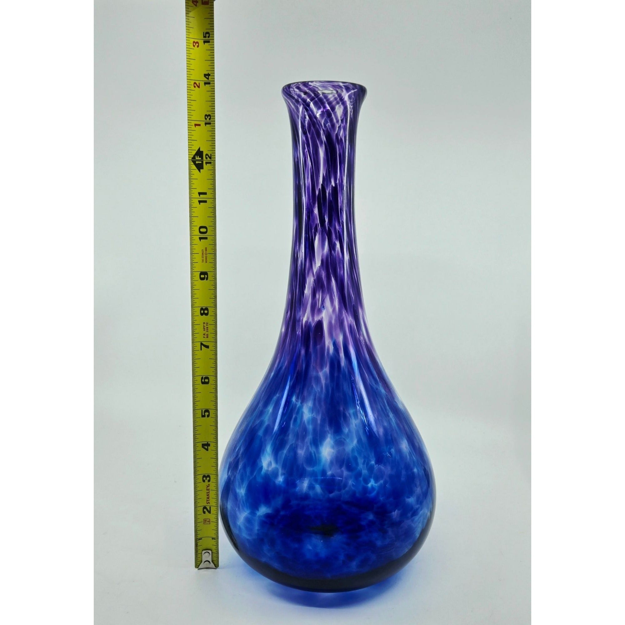 ERIC KVARNES large hand blown speckled art glass vase blue and purple
