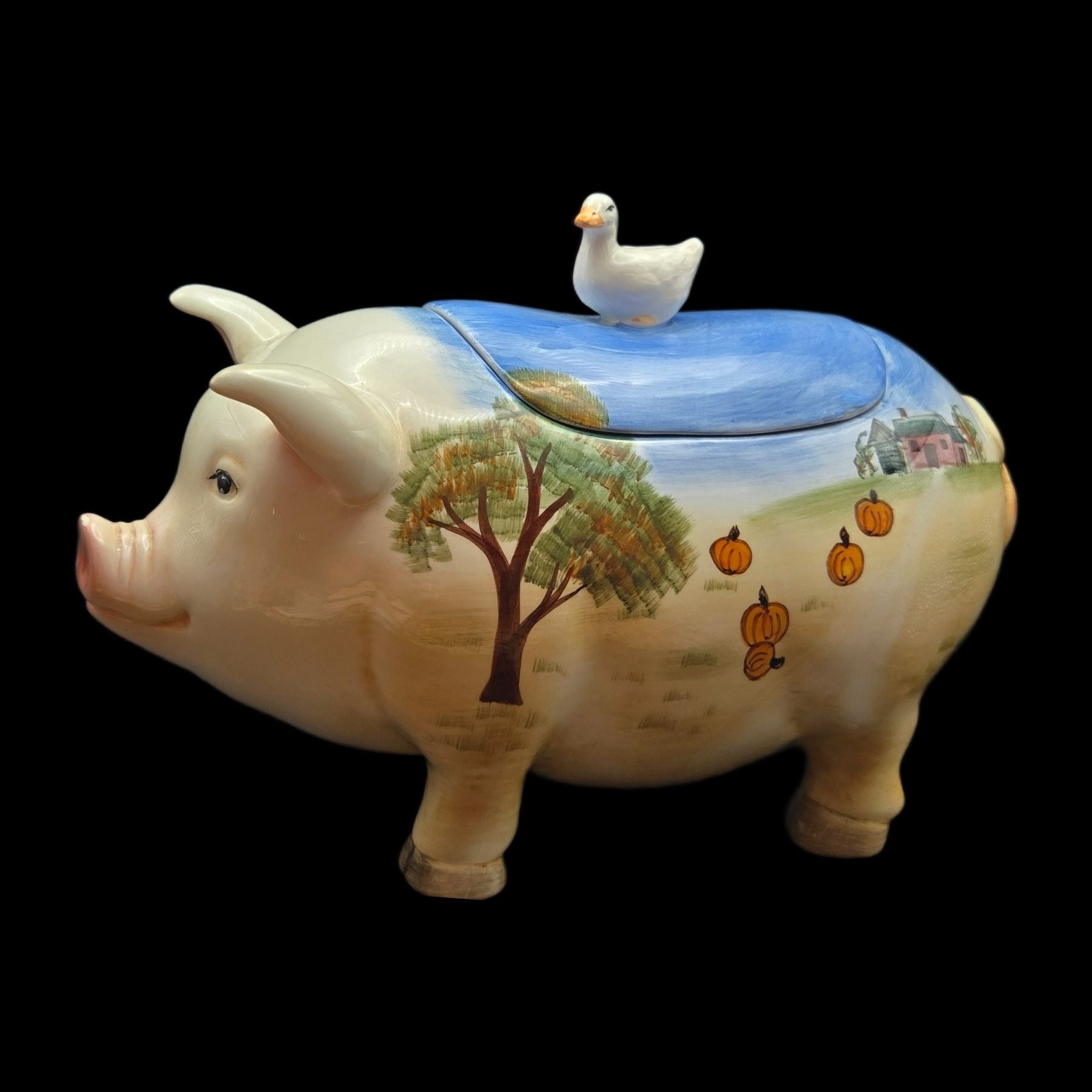 WCL Hand-Painted Pig & Duck Ceramic Cookie Jar With Pumpkin Farm Design