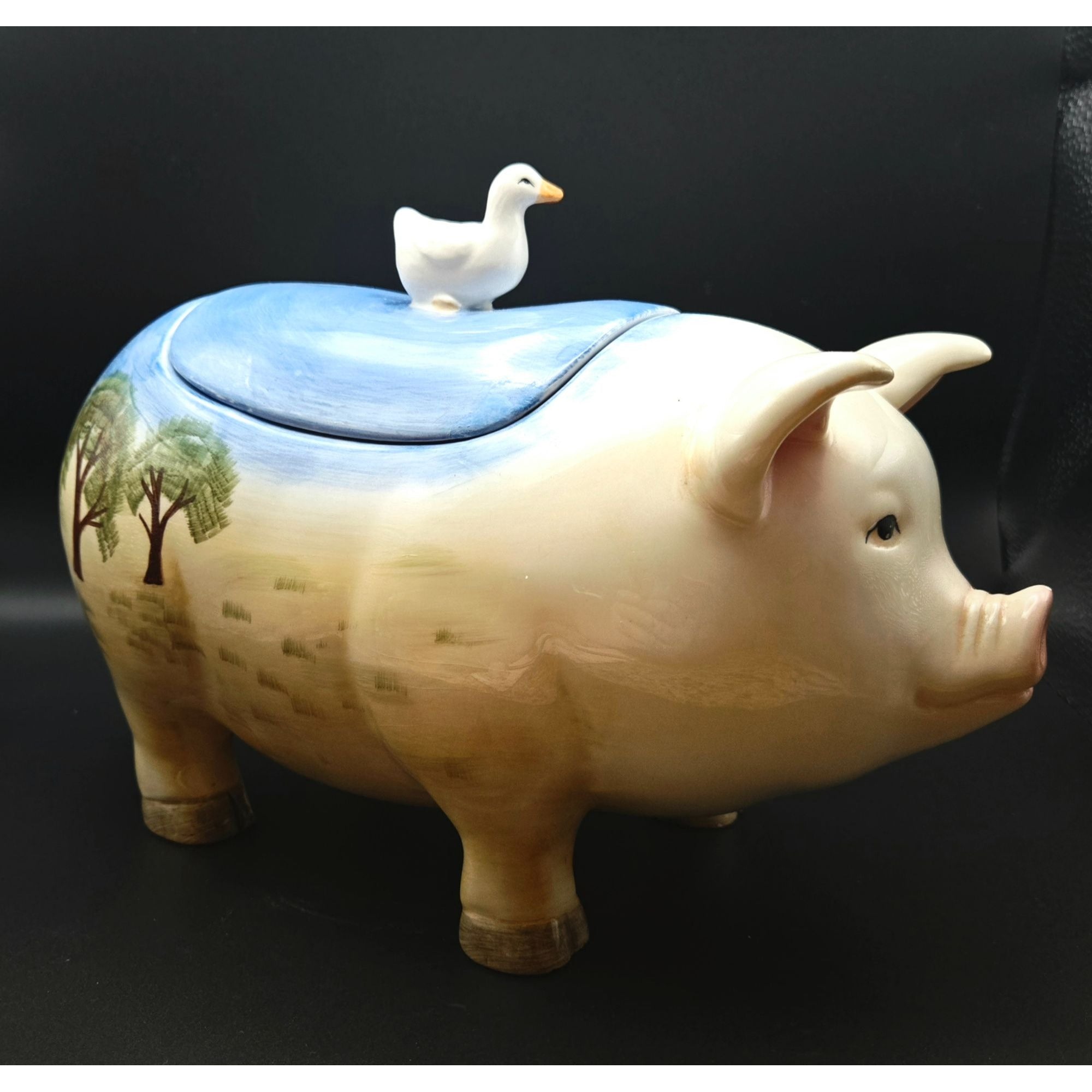 WCL Hand-Painted Pig & Duck Ceramic Cookie Jar With Pumpkin Farm Design