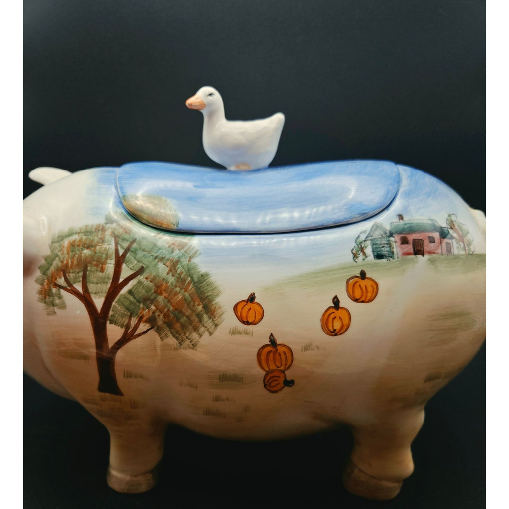 WCL Hand-Painted Pig & Duck Ceramic Cookie Jar With Pumpkin Farm Design