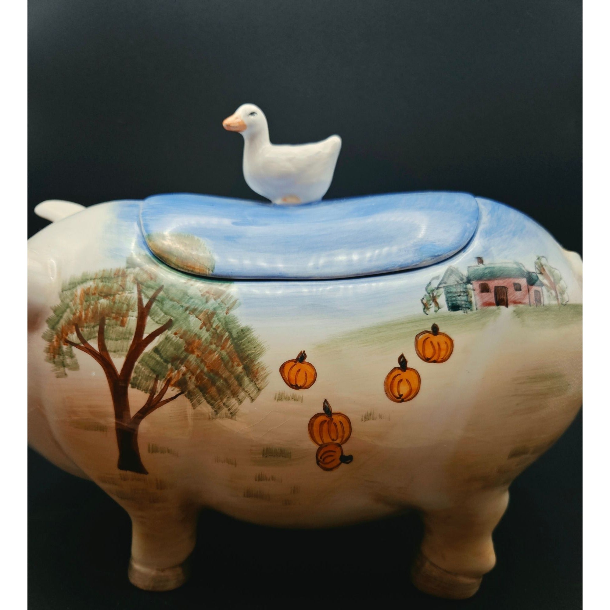 WCL Hand-Painted Pig & Duck Ceramic Cookie Jar With Pumpkin Farm Design