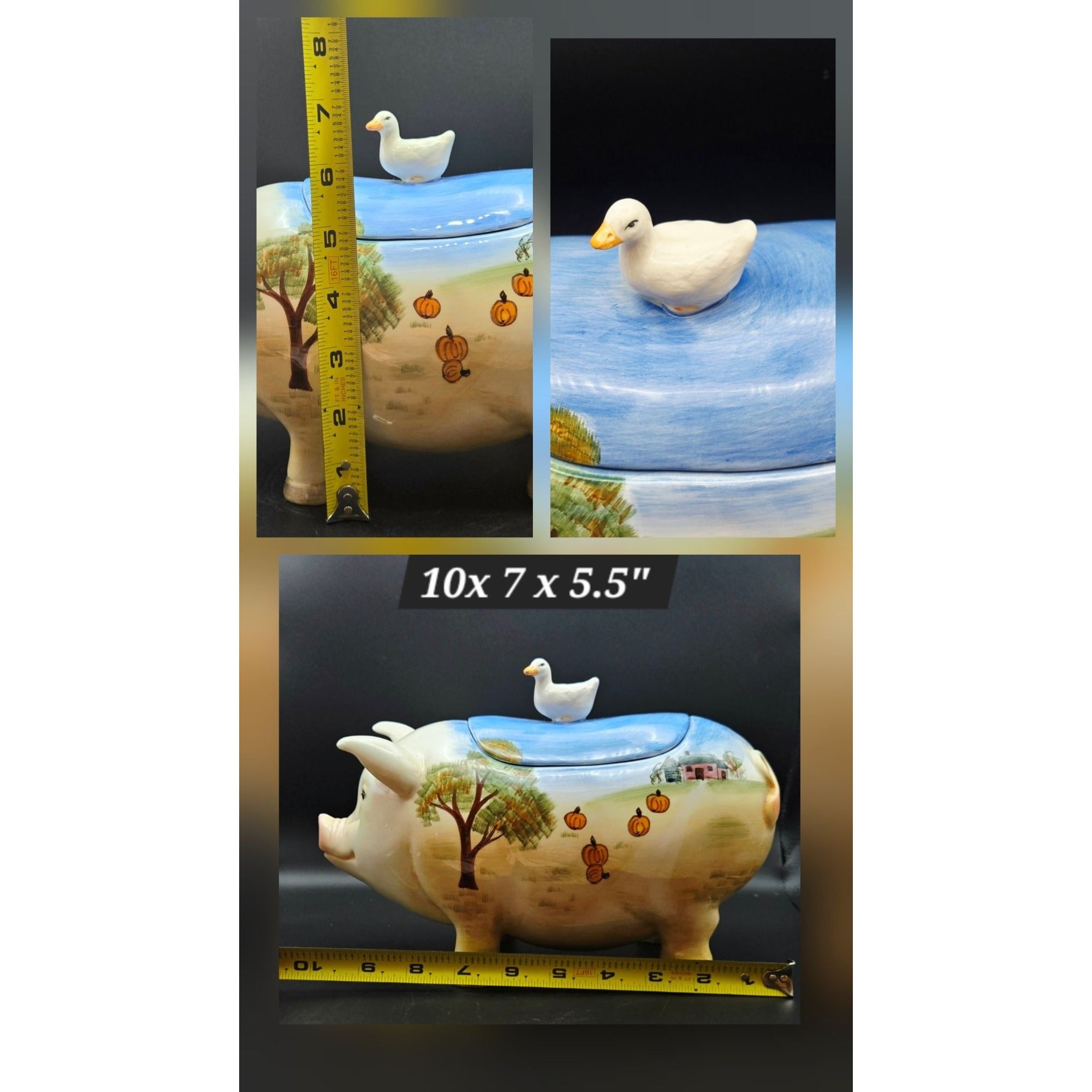 WCL Hand-Painted Pig & Duck Ceramic Cookie Jar With Pumpkin Farm Design