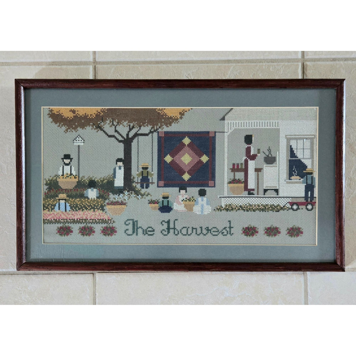 Framed Cross Stitch w/matte Fall Harvest Wall Art
