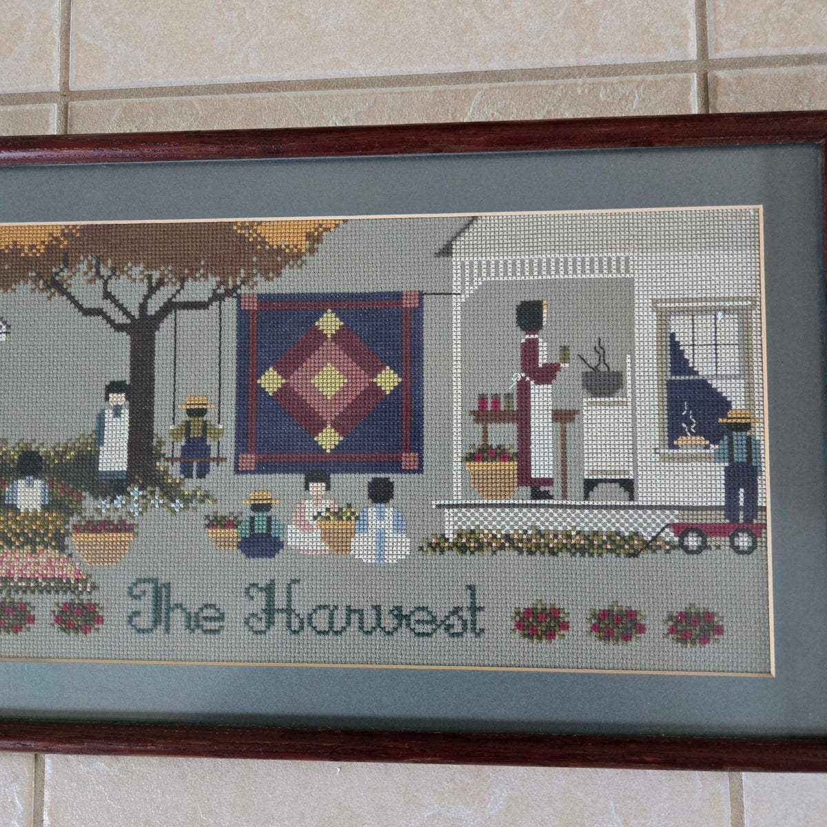 Framed Cross Stitch w/matte Fall Harvest Wall Art