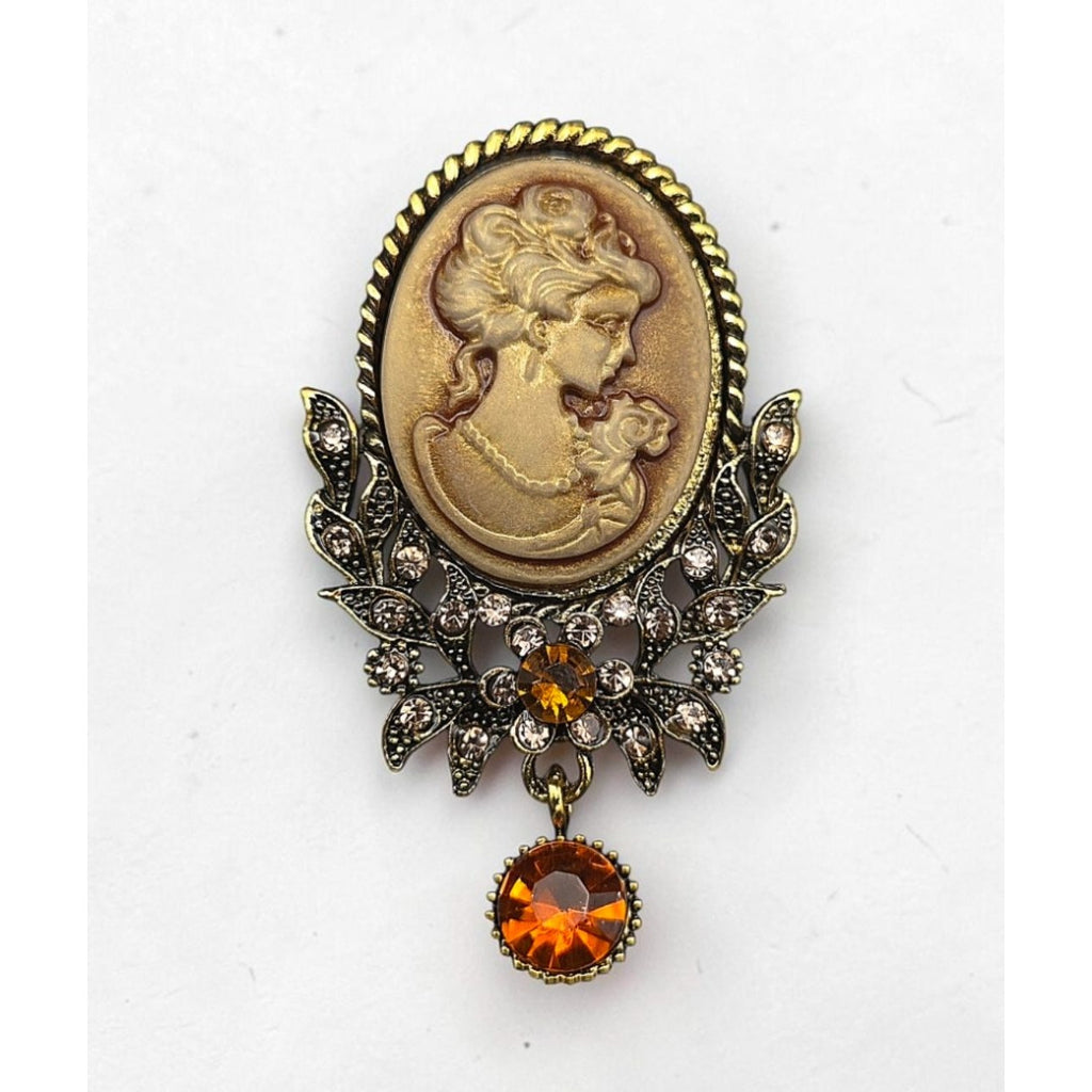 Brass-Tone Cameo Brooch With Rhinestones & Amber Crystal Drop Pendant