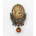 Brass-Tone Cameo Brooch With Rhinestones & Amber Crystal Drop Pendant