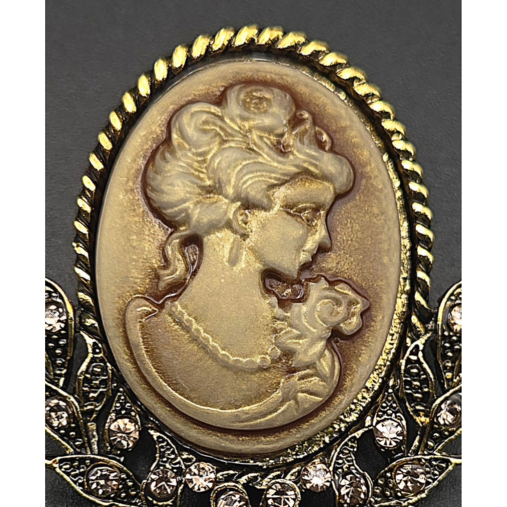 Brass-Tone Cameo Brooch With Rhinestones & Amber Crystal Drop Pendant