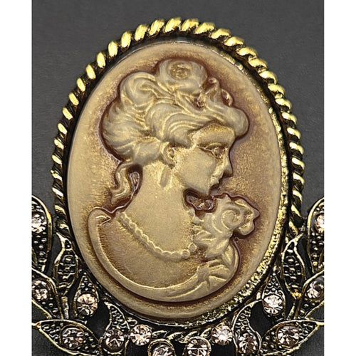 Brass-Tone Cameo Brooch With Rhinestones & Amber Crystal Drop Pendant