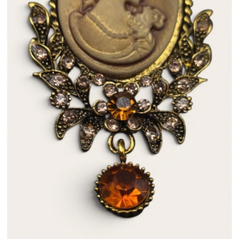 Brass-Tone Cameo Brooch With Rhinestones & Amber Crystal Drop Pendant