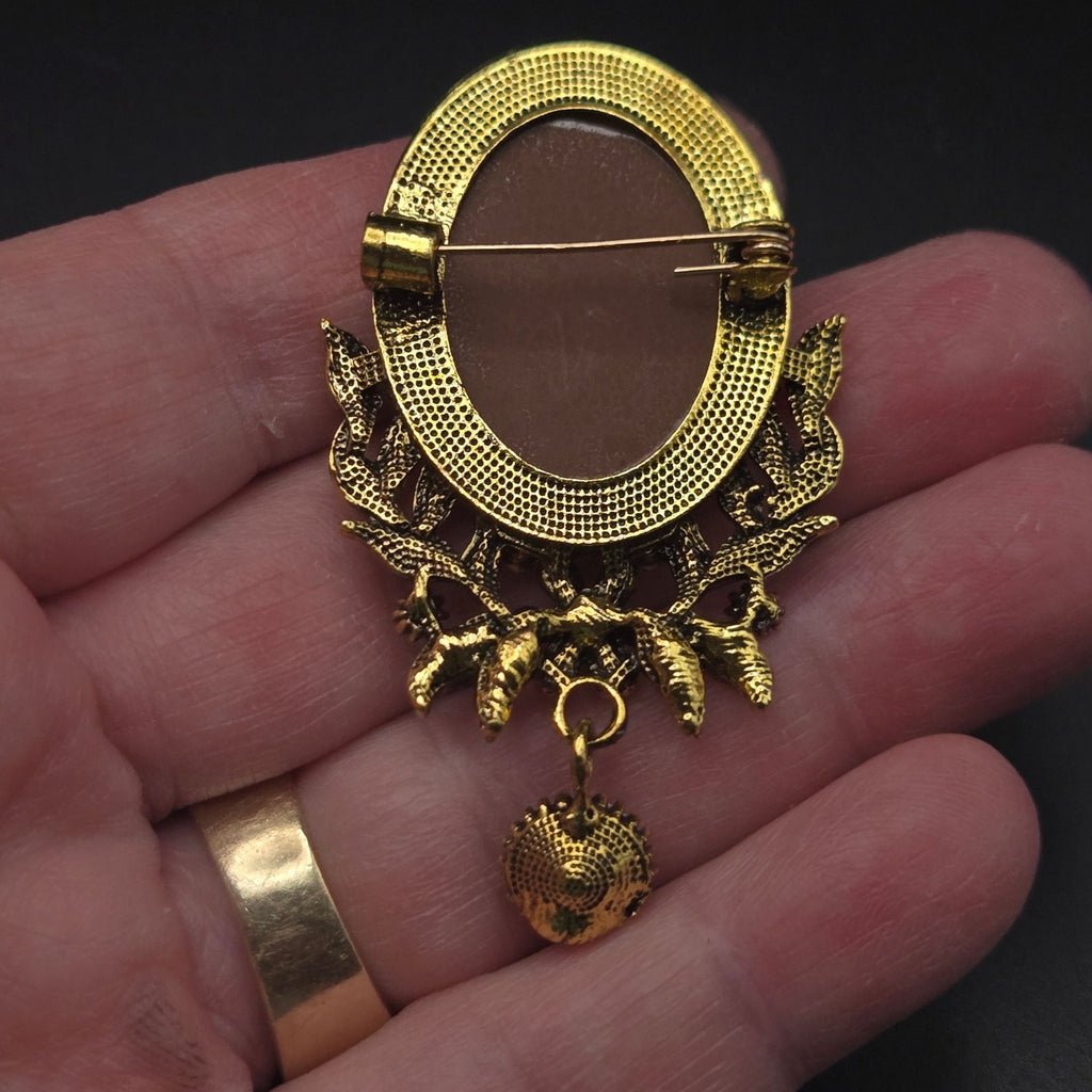 Brass-Tone Cameo Brooch With Rhinestones & Amber Crystal Drop Pendant