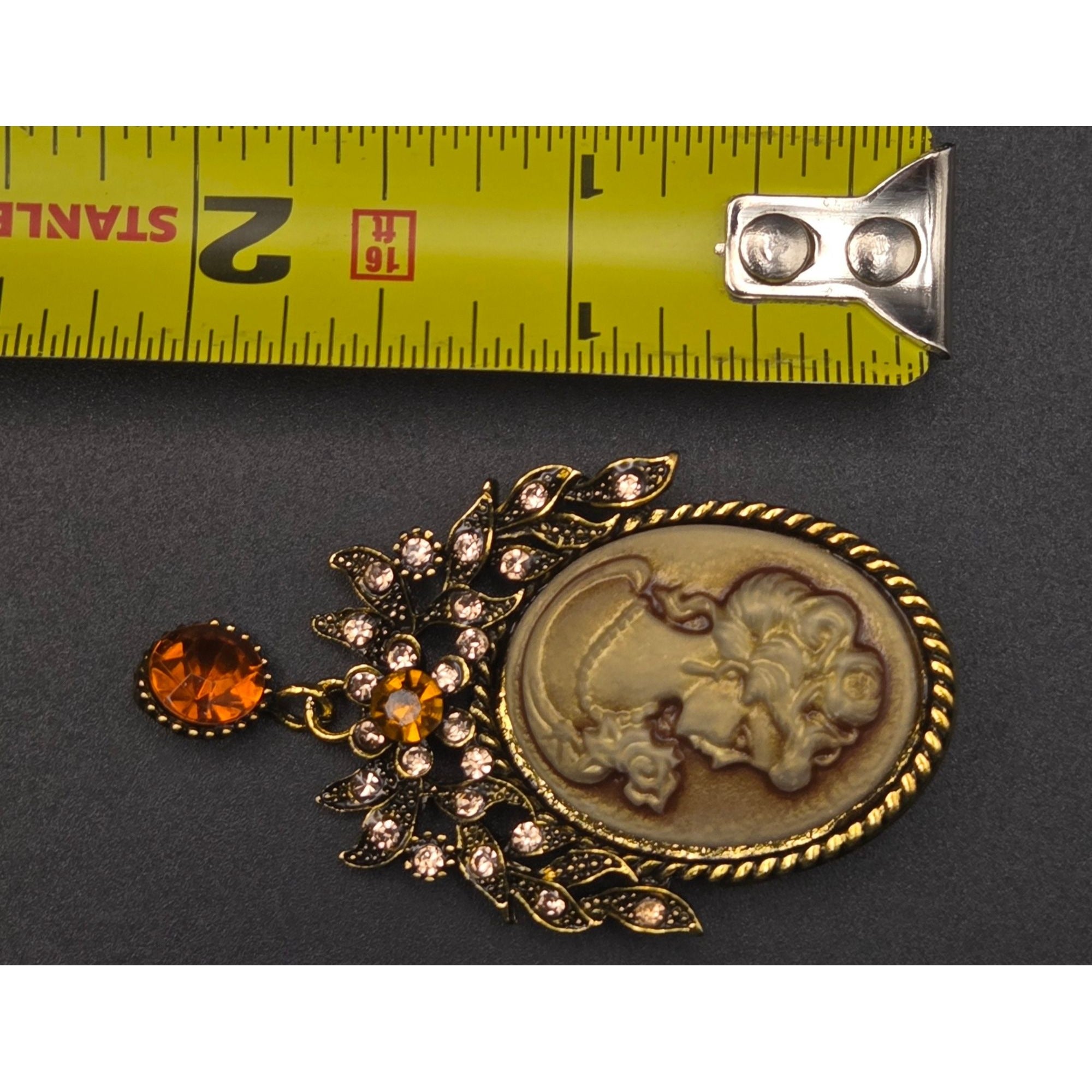 Brass-Tone Cameo Brooch With Rhinestones & Amber Crystal Drop Pendant