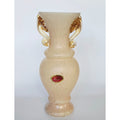 Murano Italy Handcrafted Beige Glass Vase With Gold Accents & Ornate Handles