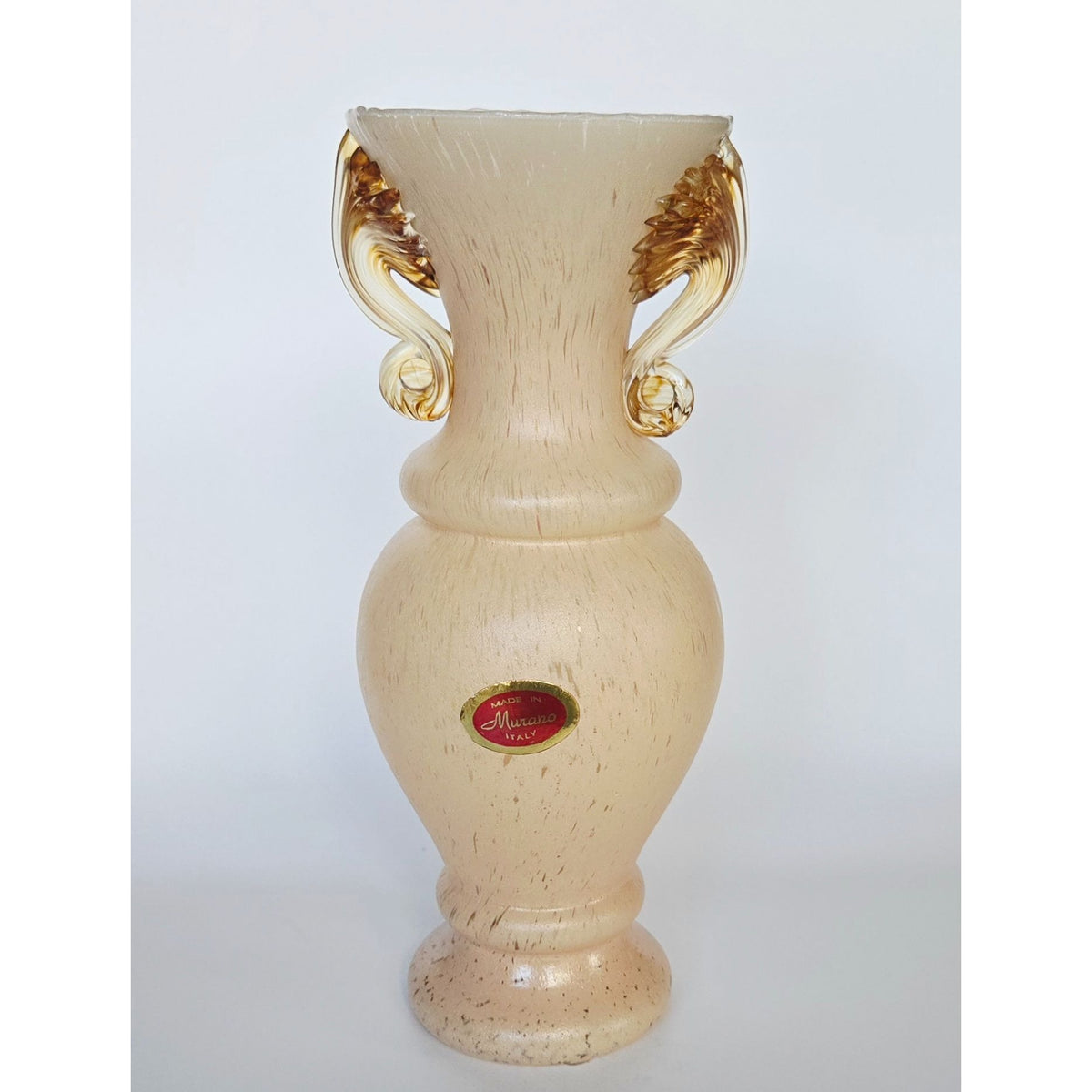 Murano Italy Handcrafted Beige Glass Vase With Gold Accents & Ornate Handles