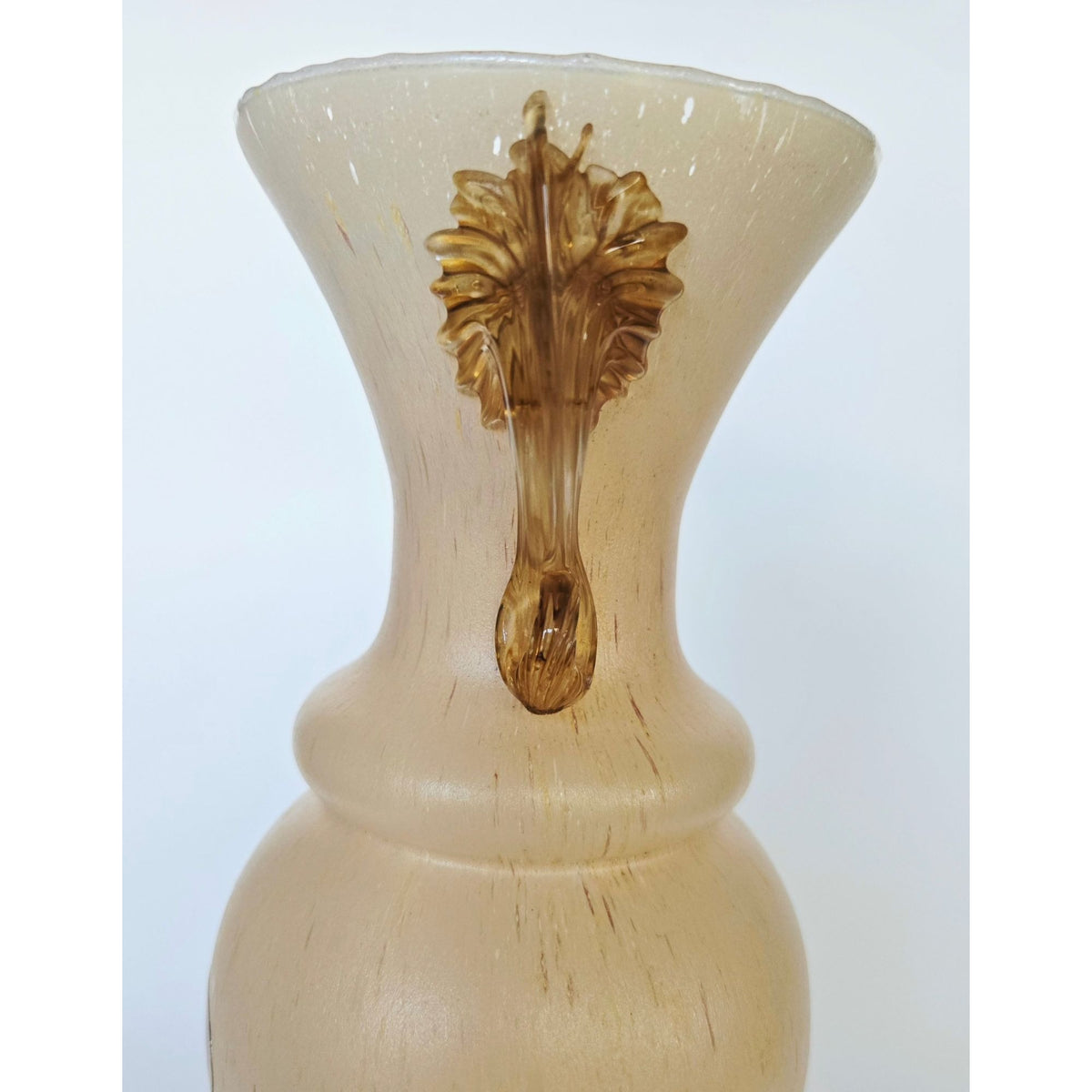 Murano Italy Handcrafted Beige Glass Vase With Gold Accents & Ornate Handles