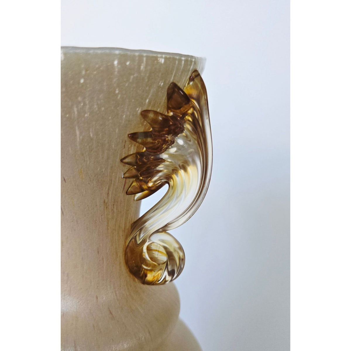 Murano Italy Handcrafted Beige Glass Vase With Gold Accents & Ornate Handles