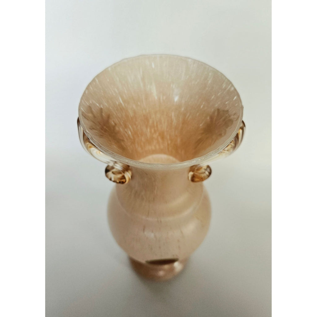 Murano Italy Handcrafted Beige Glass Vase With Gold Accents & Ornate Handles