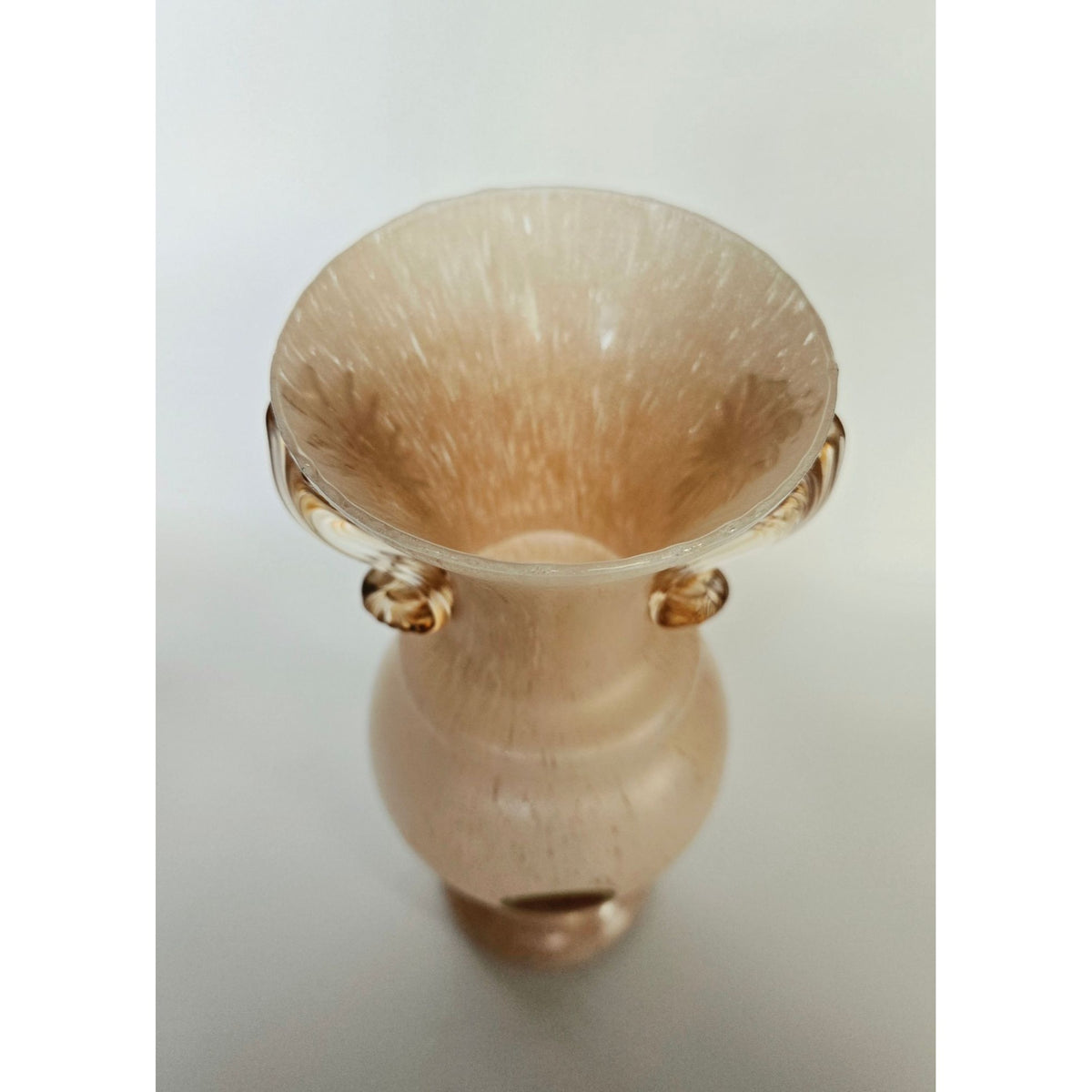 Murano Italy Handcrafted Beige Glass Vase With Gold Accents & Ornate Handles