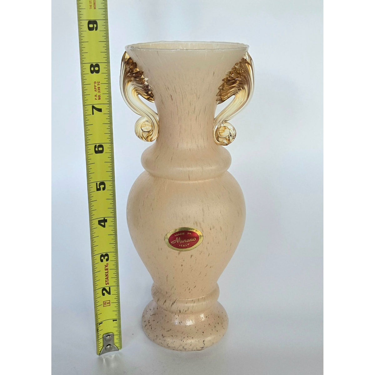 Murano Italy Handcrafted Beige Glass Vase With Gold Accents & Ornate Handles