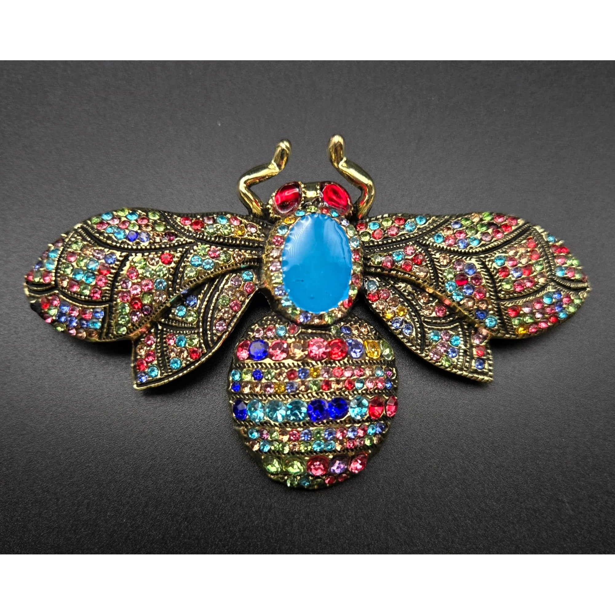 XL Colorful Rhinestone Bee Brooch Pin Gold-Tone Detailing 4" Costume