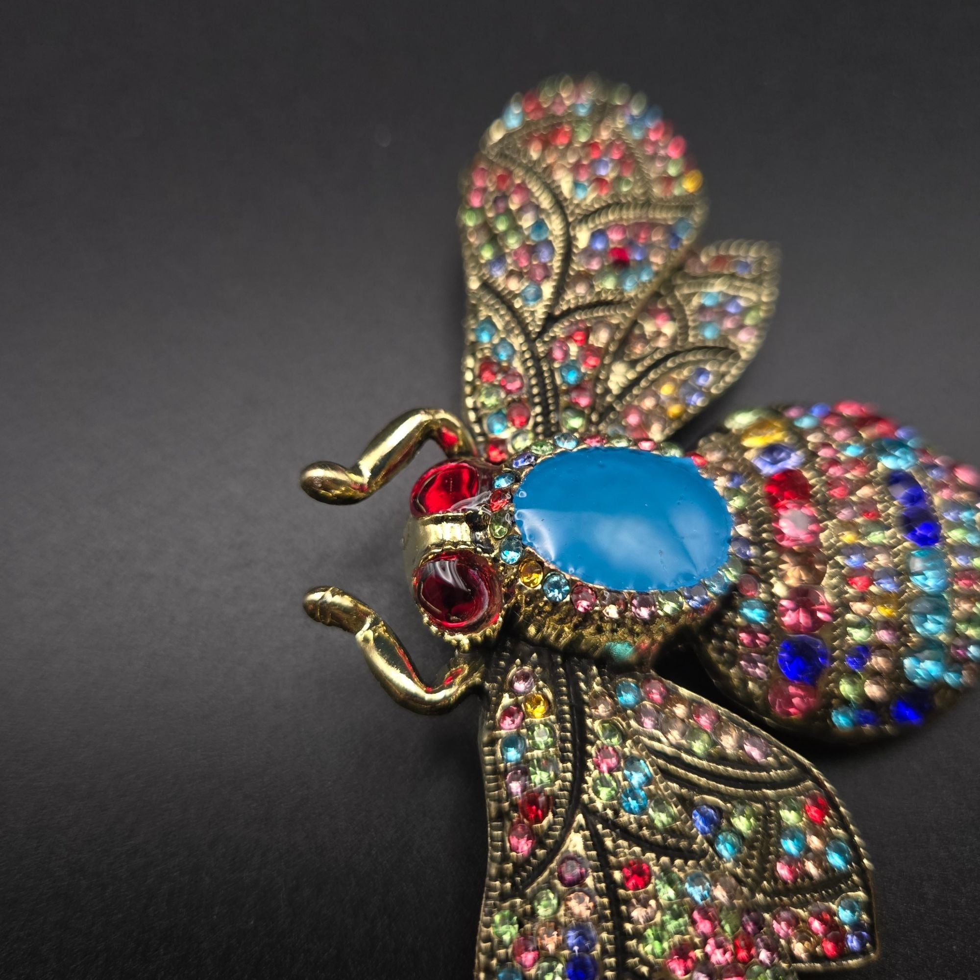 XL Colorful Rhinestone Bee Brooch Pin Gold-Tone Detailing 4" Costume