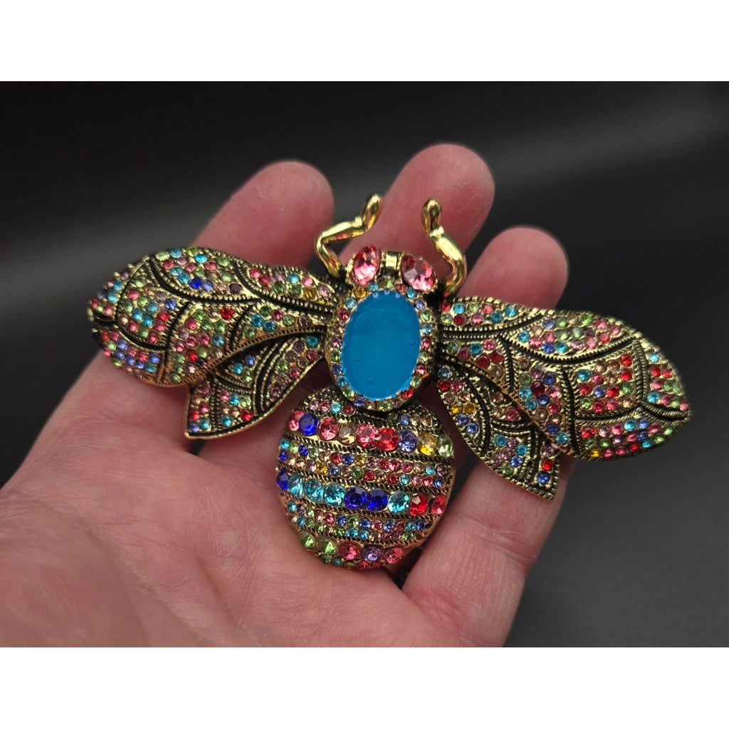 XL Colorful Rhinestone Bee Brooch Pin Gold-Tone Detailing 4" Costume
