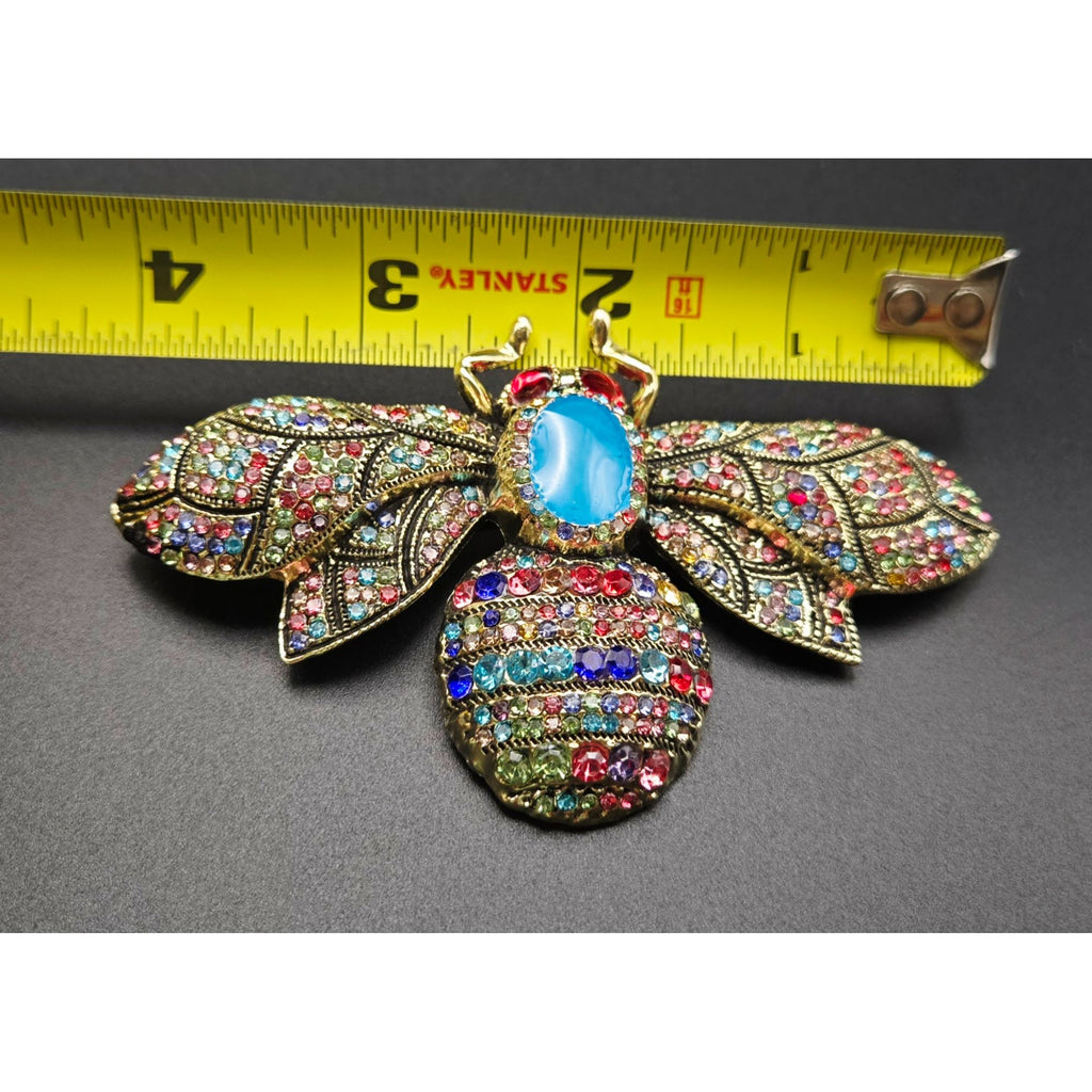 XL Colorful Rhinestone Bee Brooch Pin Gold-Tone Detailing 4" Costume