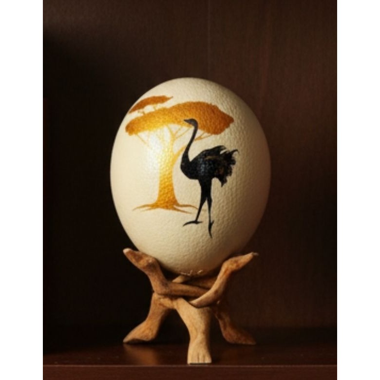 Hand-Painted Ostrich Egg W/ Wooden Stand Wildlife Art Featuring Tree & Ostrich