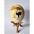 Hand-Painted Ostrich Egg W/ Wooden Stand Wildlife Art Featuring Tree & Ostrich